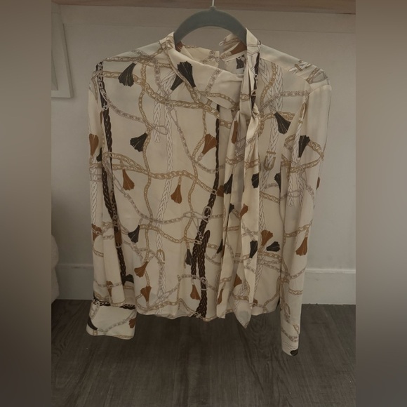 New Nine West Long Sleeve Cream Design High Neck Tie Sheer Blouse Size M - Picture 1 of 7